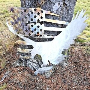 High Grade Stainless Steel Eagle Tattered US Flag Plasma Cut Decor